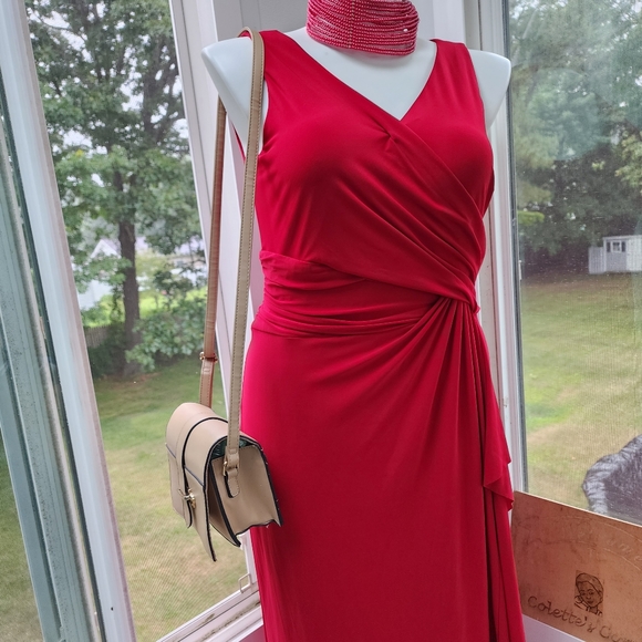 CHAPS Dark Red Stretch Jersey Faux Wrap Ruched Maxi Dress - Picture 9 of 11